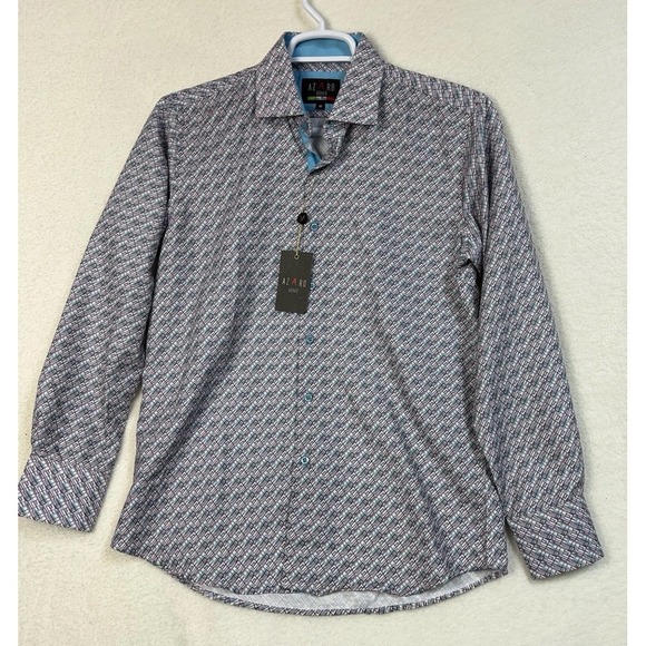 NWT Azaro Uomo Mens Shirt Sz M Long Sleeve Button Up Purple‎ Geometric Italian - Picture 1 of 8